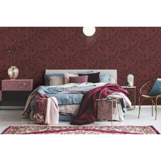 Álomszerű megjelenés - stilizált háromdimenziós virágfal bordópiros és fekete tónusok tapéta