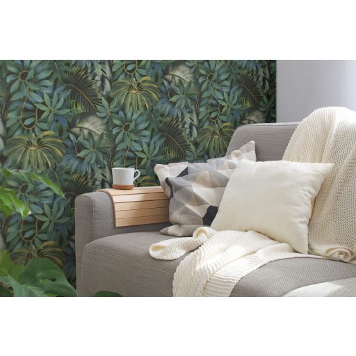 Egzotikus és változatos trópusi levelek fekete zöld és kék tónusok tapéta