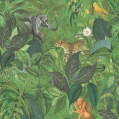   Állati hely ez a dzsungel! - trópusi életkép sok-sok állattal és madárral zöld szürke barna sárga tónusok tapéta
