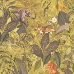   Állati hely ez a dzsungel! - trópusi életkép sok-sok állattal és madárral zöldessárga szürke sárga lila barna tónusok tapéta