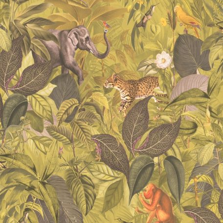 Állati hely ez a dzsungel! - trópusi életkép sok-sok állattal és madárral zöldessárga szürke sárga lila barna tónusok tapéta