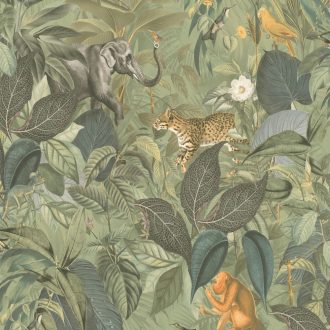   Állati hely ez a dzsungel! - trópusi életkép sok-sok állattal és madárral zöld szürke szürkéskék sárga tónus tapéta