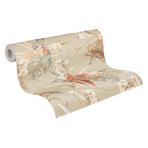 Karibi kert - álomszerű trópusi jelenet papagájokkal bézs krém barna és narancs tónus tapéta