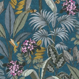   A dzsungel királynője - egzotikus trópusi paradicsom kék sárga fekete és fehér tónusok szines tapéta