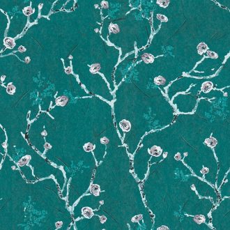   Vékony ágakon nyíló festői virágok sötétzöld zöld szürke fekete és fehér tónus tapéta