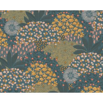   Fantáziadús és változatos virágoskert petrolkék sárga rózsaszín krém és narancs tónus tapéta