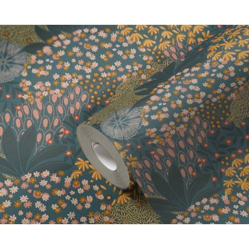 Fantáziadús és változatos virágoskert petrolkék sárga rózsaszín krém és narancs tónus tapéta