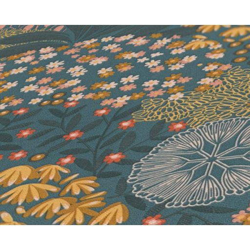 Fantáziadús és változatos virágoskert petrolkék sárga rózsaszín krém és narancs tónus tapéta