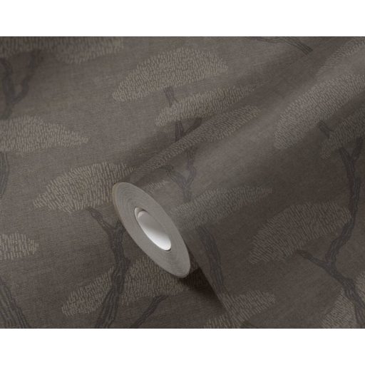 Kecses Bonsai ágak stilizált koronával sötétszürke antracit és szürkésbézs tónus tapéta