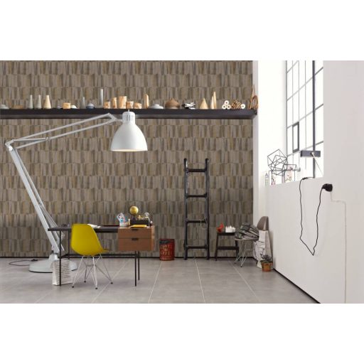 Intarzia jellegű fantáziadús famintázat fényes barna szürke és sötétszürke tónus tapéta