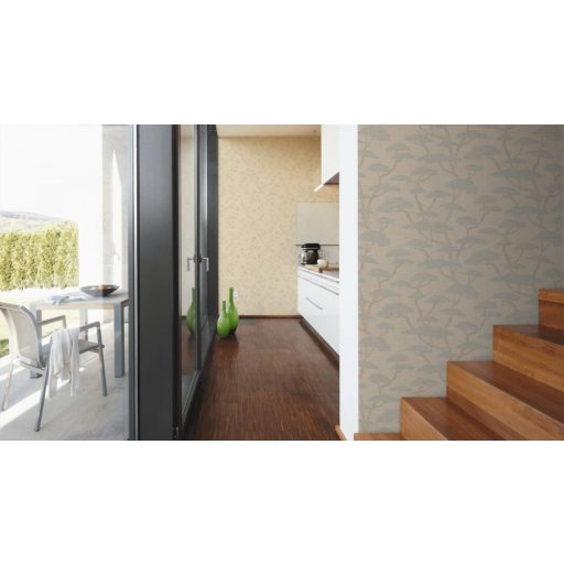 Stilizált virágok karcsú levélágakon bézs és szürkébézs/barna tónus tapéta