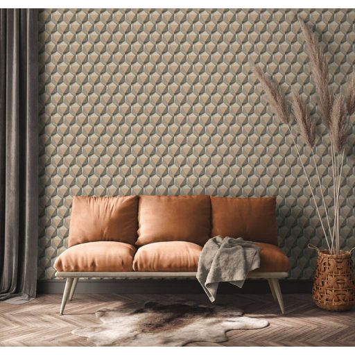 Intenzív háromdimenziós geometrikus minta bézs szürke sárgásbézs és szürkésbarna tónus tapéta