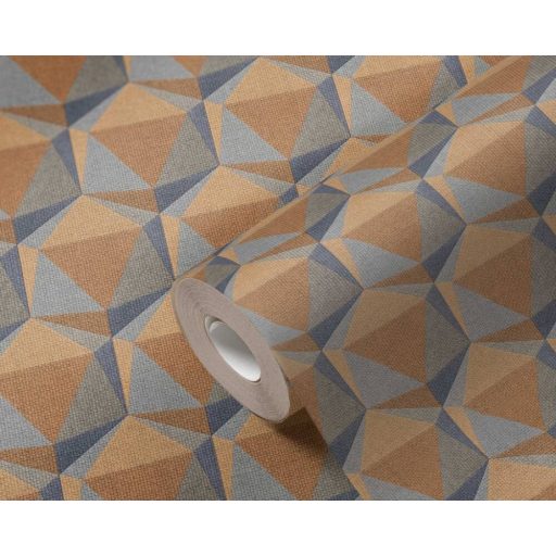 Intenzív háromdimenziós geometrikus minta sárga narancs kék és szürke tónus tapéta