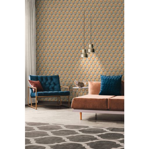 Intenzív háromdimenziós geometrikus minta sárga narancs kék és szürke tónus tapéta