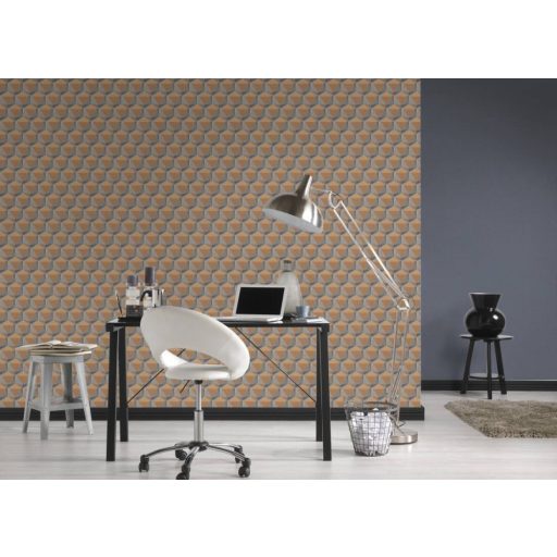 Intenzív háromdimenziós geometrikus minta sárga narancs kék és szürke tónus tapéta