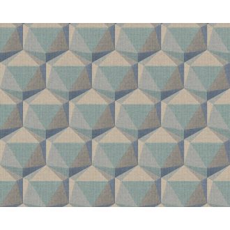   Intenzív háromdimenziós geometrikus minta kék zöld szürke és szürkésbarna tónus tapéta