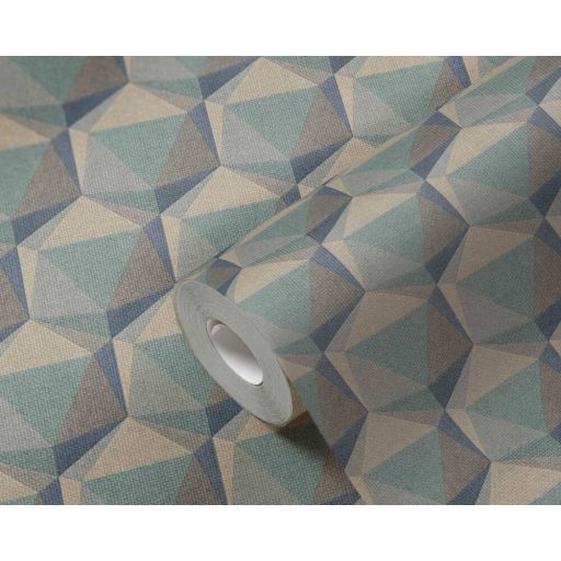 Intenzív háromdimenziós geometrikus minta kék zöld szürke és szürkésbarna tónus tapéta