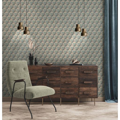 Intenzív háromdimenziós geometrikus minta kék zöld szürke és szürkésbarna tónus tapéta