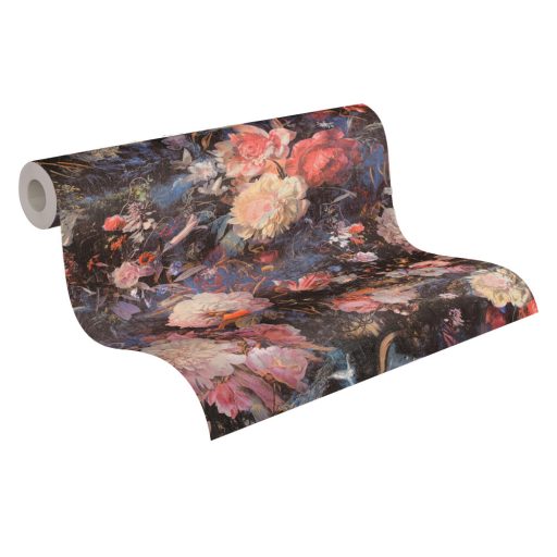 Virágorgia a falon - álomszerű dús virágmintázat fekete kék krém sárga rózsaszín és piros tónusok ezüst csillám kiemelés tapéta