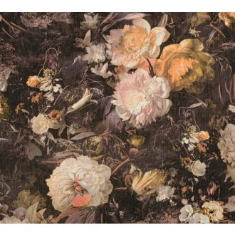   Virágorgia a falon - álomszerű dús virágmintázat fekete krém rózsaszín és sárga tónusok arany csillám kiemelés tapéta