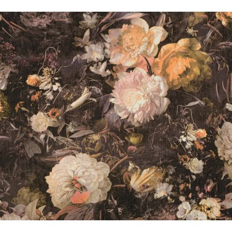 Virágorgia a falon - álomszerű dús virágmintázat fekete krém rózsaszín és sárga tónusok arany csillám kiemelés tapéta