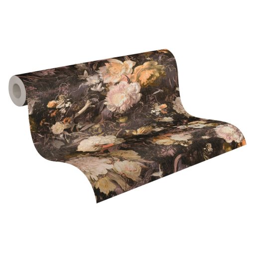 Virágorgia a falon - álomszerű dús virágmintázat fekete krém rózsaszín és sárga tónusok arany csillám kiemelés tapéta