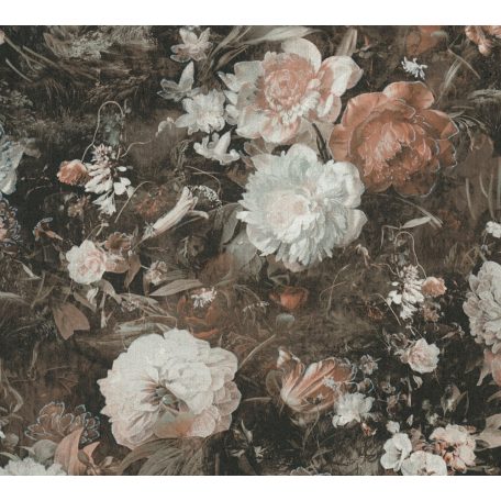Virágorgia a falon - álomszerű dús virágmintázat fekete bézs barna és fehér tónusok ezüst csillám kiemelés tapéta