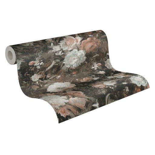 Virágorgia a falon - álomszerű dús virágmintázat fekete bézs barna és fehér tónusok ezüst csillám kiemelés tapéta