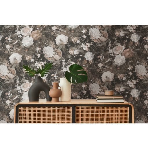 Virágorgia a falon - álomszerű dús virágmintázat fekete bézs barna és fehér tónusok ezüst csillám kiemelés tapéta