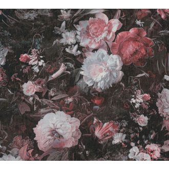   Virágorgia a falon - álomszerű dús virágmintázat fekete bézs rózsaszín és bordópiros tónusok ezüst csillám kiemelés tapéta