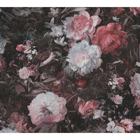 Virágorgia a falon - álomszerű dús virágmintázat fekete bézs rózsaszín és bordópiros tónusok ezüst csillám kiemelés tapéta