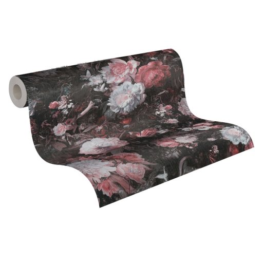 Virágorgia a falon - álomszerű dús virágmintázat fekete bézs rózsaszín és bordópiros tónusok ezüst csillám kiemelés tapéta