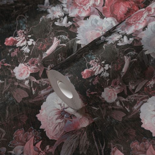 Virágorgia a falon - álomszerű dús virágmintázat fekete bézs rózsaszín és bordópiros tónusok ezüst csillám kiemelés tapéta