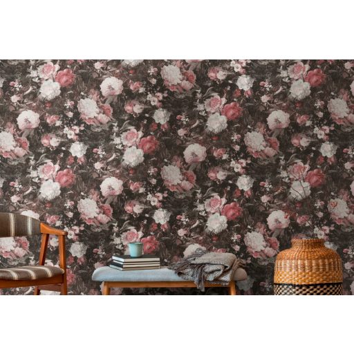 Virágorgia a falon - álomszerű dús virágmintázat fekete bézs rózsaszín és bordópiros tónusok ezüst csillám kiemelés tapéta
