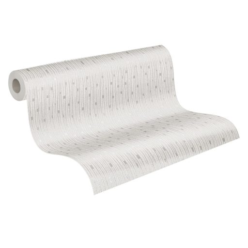 Kissé szabálytalan grafikus vonalminta fehér és ezüstszürke tónusok fénylő mintafelület tapéta