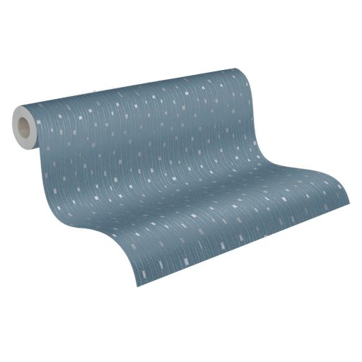 Kissé szabálytalan grafikus vonalminta kék/szürkéskék és ezüstszürke tónusok fénylő mintafelület tapéta