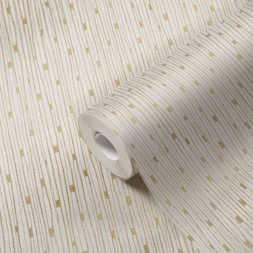 Kissé szabálytalan grafikus vonalminta krém és arany tónusok fénylő mintafelület tapéta