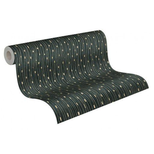 Kissé szabálytalan grafikus vonalminta fekete és arany tónusok fénylő mintafelület tapéta