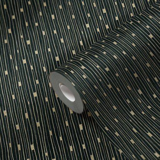 Kissé szabálytalan grafikus vonalminta fekete és arany tónusok fénylő mintafelület tapéta