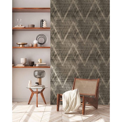 Izgalmas textúrájú nagyformátumú grafikus rombuszminta sötétszürke és antracit tónusok ezüst enyhe fény tapéta