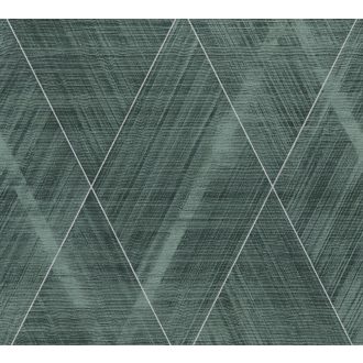   Izgalmas textúrájú nagyformátumú grafikus rombuszminta zöld és sötétzöld tónusok fekete ezüst enyhe fény tapéta