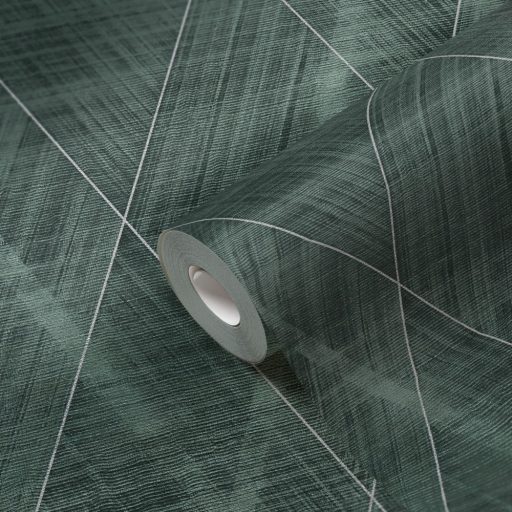 Izgalmas textúrájú nagyformátumú grafikus rombuszminta zöld és sötétzöld tónusok fekete ezüst enyhe fény tapéta