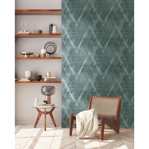 Izgalmas textúrájú nagyformátumú grafikus rombuszminta zöld és sötétzöld tónusok fekete ezüst enyhe fény tapéta