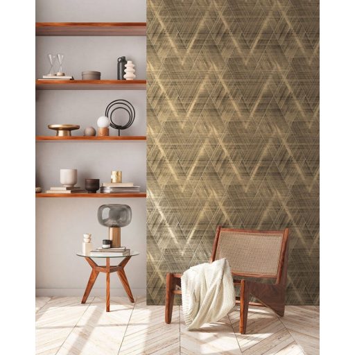 Izgalmas textúrájú nagyformátumú grafikus rombuszminta sötétbarna/fekete tónusok arany enyhe fény tapéta