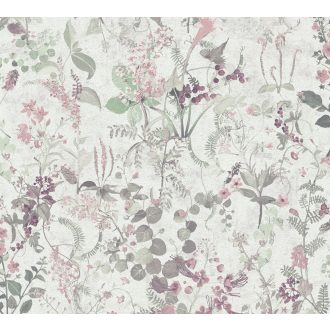   Réti vadvirágok harmonikus kompozíciója szürkésfehér zöld rózsaszín és mályva tónusok tapéta