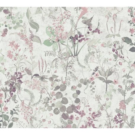 Réti vadvirágok harmonikus kompozíciója szürkésfehér zöld rózsaszín és mályva tónusok tapéta