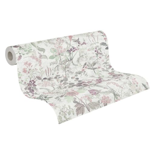 Réti vadvirágok harmonikus kompozíciója szürkésfehér zöld rózsaszín és mályva tónusok tapéta