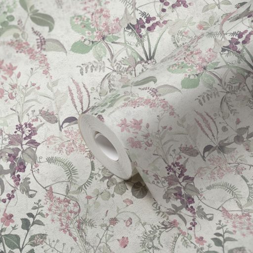 Réti vadvirágok harmonikus kompozíciója szürkésfehér zöld rózsaszín és mályva tónusok tapéta