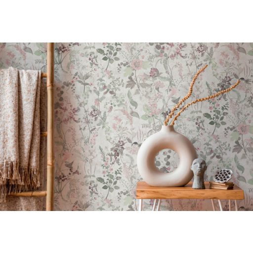 Réti vadvirágok harmonikus kompozíciója szürkésfehér zöld rózsaszín és mályva tónusok tapéta