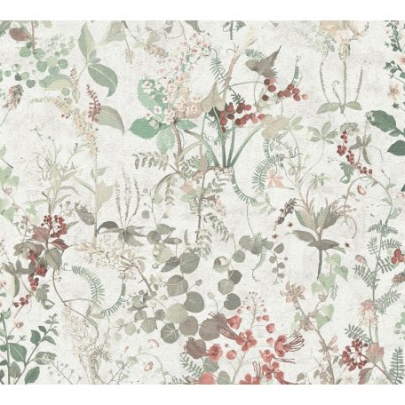 Réti vadvirágok harmonikus kompozíciója szürkésfehér zöld szürkésbézs és bogyópiros tónusok tapéta